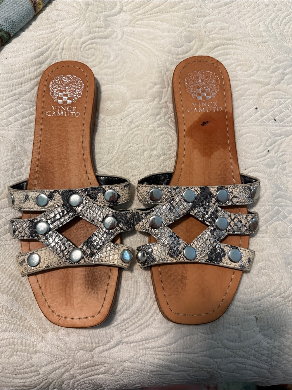 Vince Camuto Black and White Snake-Print Slide Sandals with Silver Studs